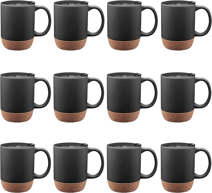DISCOUNT PROMOS Barista Ceramic Mugs with Cork Bottom 13 oz. Set of 12, Bulk Pack - Perfect for Coffee, Tea, Espresso, Hot Cocoa, Other Beverages - Black