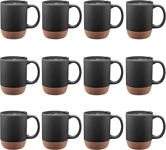 DISCOUNT PROMOS Barista Ceramic Mugs with Cork Bottom 13 oz. Set of 12, Bulk Pack - Perfect for Coffee, Tea, Espresso, Hot Cocoa, Other Beverages - Black