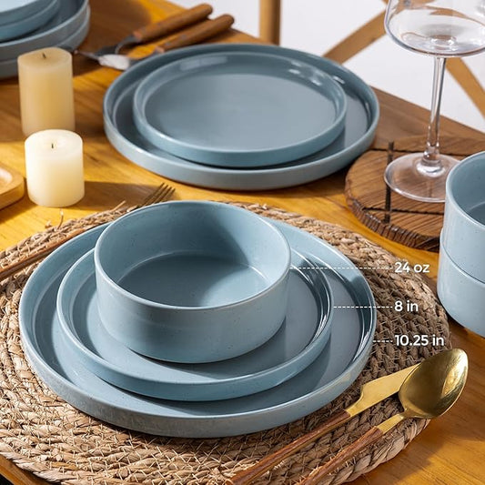 AmorArc Ceramic Dinnerware Set for 4 | Speckled Stoneware Plates and Bowls with unglazed terracotta | Scratch Resistant, Dishwasher & Microwave Safe Dishes Sets- 12-Pcs Blue