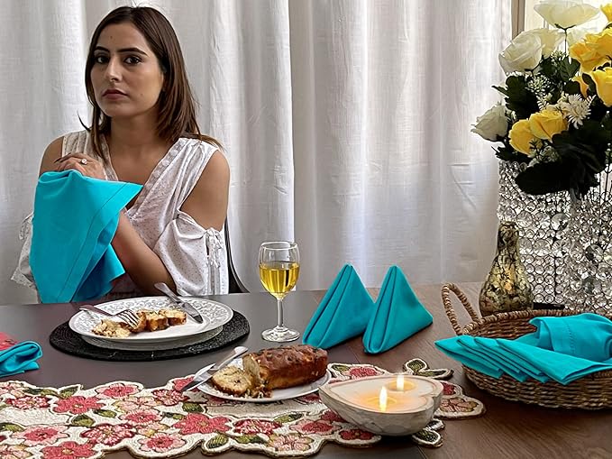 Bedding Craft Cotton Cloth Dinner Napkins Set of 12 – 18x18 Teal Hemstitched with Decorative Selvedge Holes & Mitered Corners – Reusable Machine Washable Fabric Napkins for Weddings & Dining