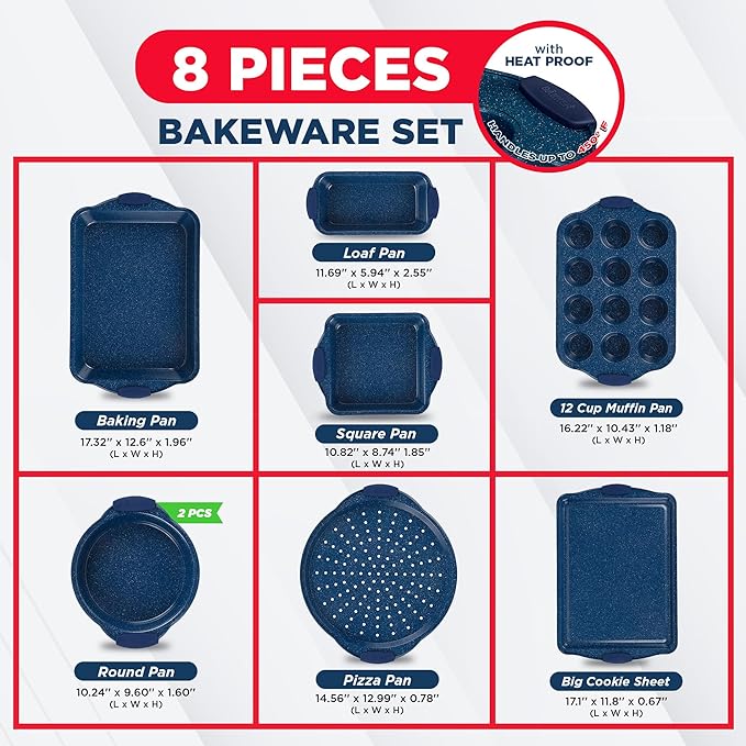 BAKKEN Kitchen Baking Pan Set - Nonstick Coating, Carbon Steel Bakeware Sets with Blue Silicone Handles, Baking Kitchen Essentials, PFOA, PFOS, PTFE Free, Oven Safe Tray (Up To 450° F), Set of 8