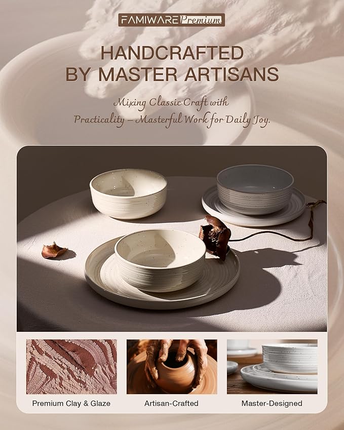 Stoneware Dinnerware Sets, Plate and Bowl Sets for 8, 24 Pieces Spiral Flared Dishware Set with Speckles & Reactive Glaze - Microwave and Dishwasher Safe Tableware, White