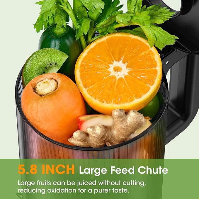 Cold Press Juicer Machines with 5.8" Large Feed Chute, Juicer for Whole Vegetables & Fruits, High Juice Yield (Grey)