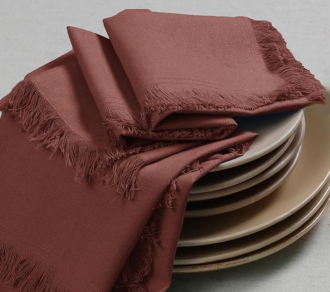 Bedding Craft Cotton Cloth Dinner Napkins Set of 12 – 18x18 Chili Oil with Frayed Selvedge Edges – Machine Washable Fabric Napkins for Weddings, Baby Showers, Parties & Table Décor