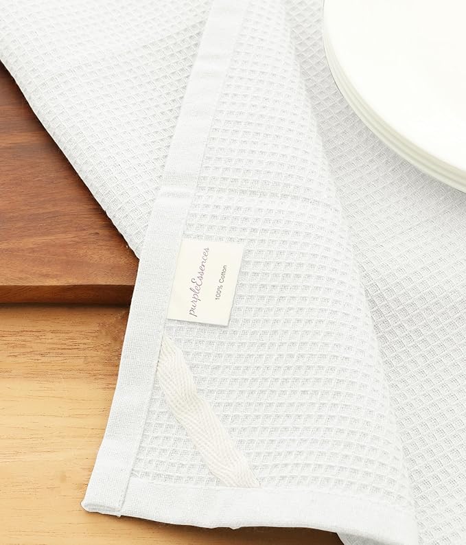 PurpleEssences Waffle Weave Kitchen Towel, 100% Cotton - 15 x 25 Inches, with Hanging Loop Ultra Soft Absorbent Quick Drying Dish Cloth, Tea and Hand Towels, 6 Pack - Fall Thanksgiving - White