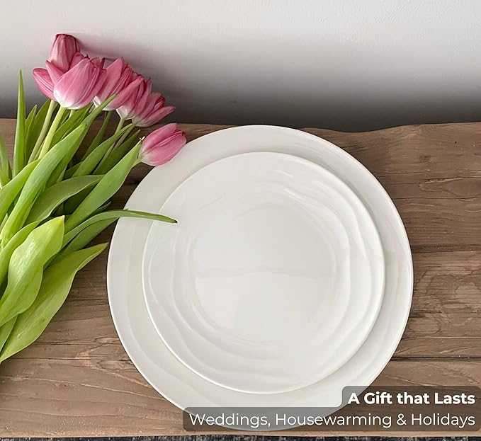 White Porcelain Dinnerware Set for 4–12-Piece Plates and Bowls Sets with Natural Waves – Durable, Microwave, Oven, Dishwasher Safe, Scratch Resistant Modern China Dish Set, stylish, everyday tableware