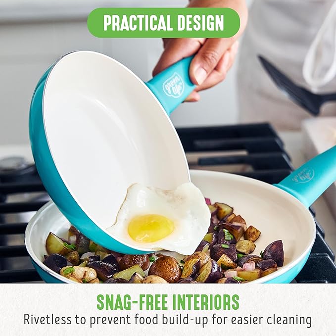 GreenLife Non Stick Fry Pan Set (7" & 10"), Non-Toxic PFAS-Free Ceramic Skillets, Dishwasher & Oven Safe, Egg Omelet Frying Pans, Stay- Cool Handles, Kitchen Home Cooking Essentials, Caribbean Blue