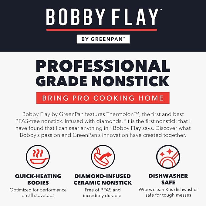 GreenPan x Bobby Flay 13 Piece Nonstick Cookware Pots and Pans Set, PFAS-Free Diamond Ceramic, Induction Suitable, Easy Clean Dishwasher & Oven Safe, Stay-Cool Silicone Handles, Glass Lids, Black