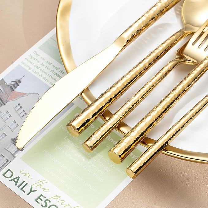 Hammered Gold Silverware Set,Zerophilo Flatware Set 20 Pieces 18/10 Stainless Steel Cutlery Set for 4 Mirror Polished,Dishwasher Safe