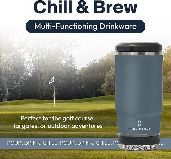 Chill & Brew, Insulated Can & Bottle Holder, Bluetooth Cup with Speaker, Fits 12 oz Cans, Skinny Cans, Most Bottles & Cold Drinks, Gray