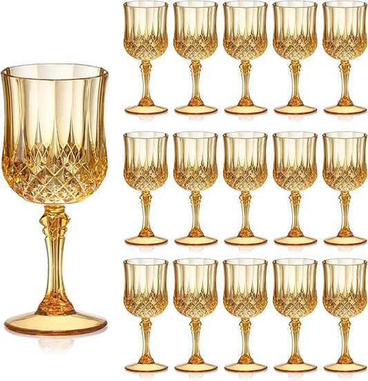 XUWAIDSGN 16 Pcs 7oz Plastic Vintage Wine Glasses Drinking Glasses Unbreakable Wedding Glassware Crystal Water Goblets Reusable Drinkware Vintage Champagne Flutes (16, Amber)
