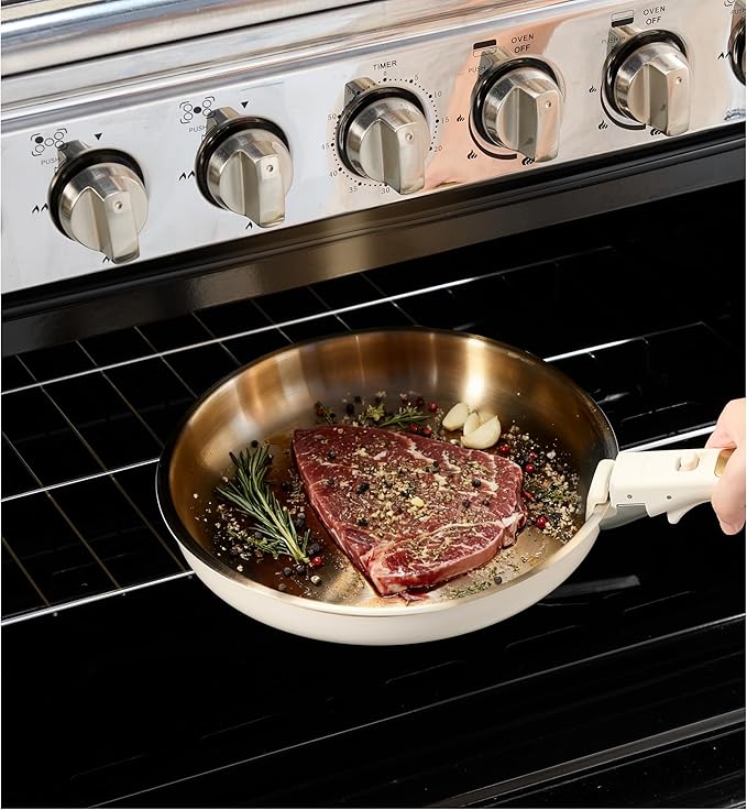 CAROTE 19pcs Tri-Ply Stainless Steel Cookware Set with Detachable Handle, Pots and Pans Set, Induction Kitchen Cooking Sets, RV/Camping Cookware, Outer Ceramic Layer, Oven Safe, Cream White