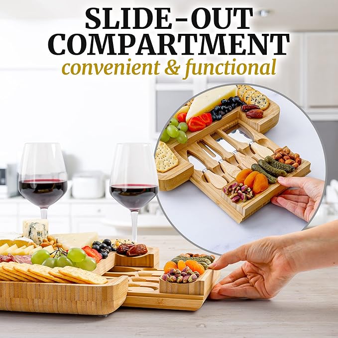 Zulay Kitchen Premium Bamboo Cheese Board Set - Extra Thick Bamboo Charcuterie Board Set with 4 Piece Knife Set - Wooden Cheese Board is Perfect for Charcuterie, Wine and Cheese (Party Set)