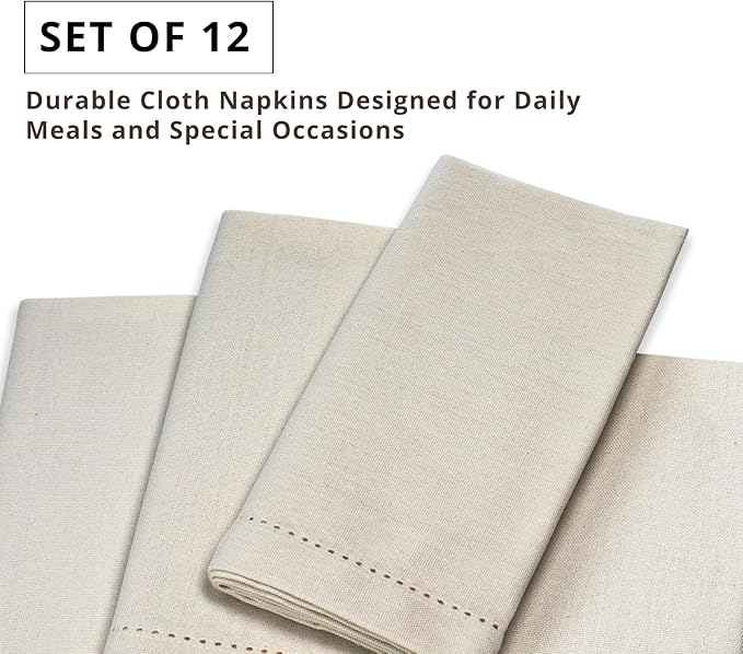 PurpleEssences Set of 12 Hemstitch Cloth Dinner Napkins 100% Cotton - Soft Durable Washable - Ideal for Wedding Christmas Holiday Winter - Perfect Everyday Use Table Linen 18x18 - Royal Linen