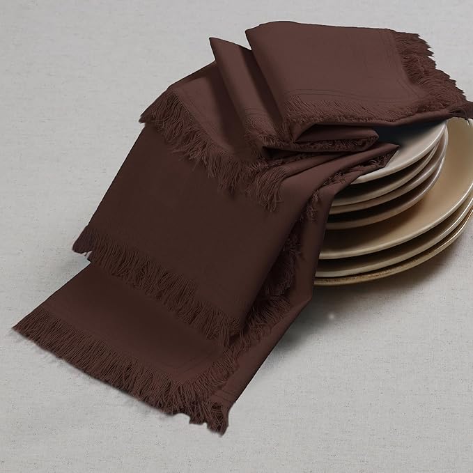 Bedding Craft Cotton Cloth Dinner Napkins Set of 12 – 18x18 Hot Chocolate with Frayed Selvedge Edges – Machine Washable Fabric Napkins for Weddings, Baby Showers, Parties & Everyday Use