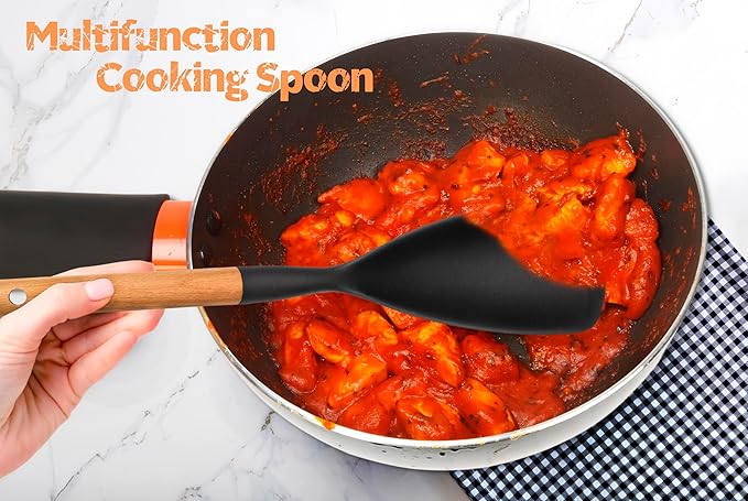 Silicone Cooking Spoon and Pasta Fork Set, 2 Pack Large Spatula Spoons Set with Wooden Handle, Nonstick Multifunction Spoon for Cooking, Serving, Mixing and Spaghetti (Black)
