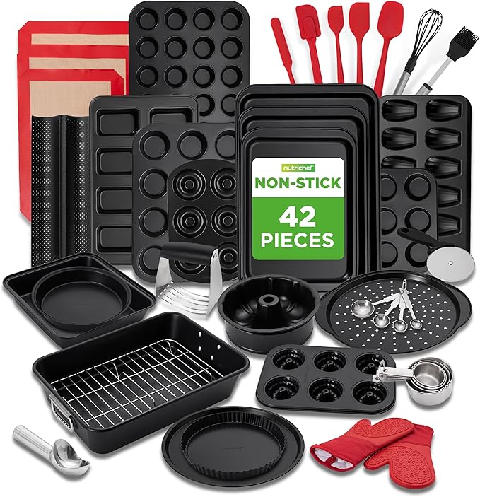 NutriChef 42-Piece Ultimate Nonstick Bakeware Set - Carbon Steel Baking Pans, Everyday Baking Tools, Oven Mitts, & More - Ideal for Baking Delicious Savory & Sweet Treats - Complete Set for Bakers