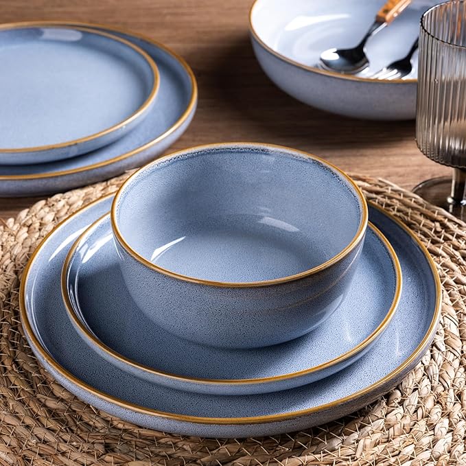 GBHOME Ceramic Dinnerware Sets for 4, 12 Pieces Stoneware Plates and Bowls Sets, Scratch Resistant Dishe Set for Dinner, Dishwasher & Microwave Safe, Brunnera Blue