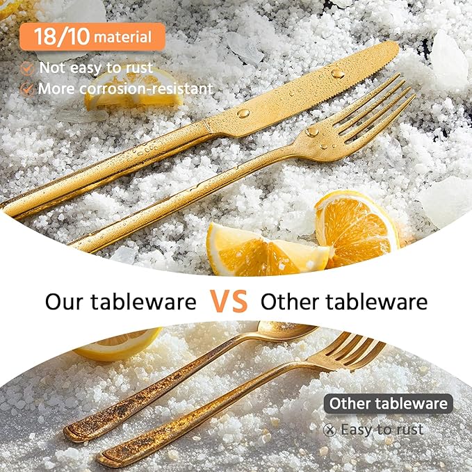 KINGSTONE Gold Silverware Set, 40 Piece Flatware Cutlery Set for 8, 18/10 Stainless Steel Silverware Mirror Polished Dishwasher Safe for Home, Restaurant, Wedding, Party(Gold, 40 pieces for 8)