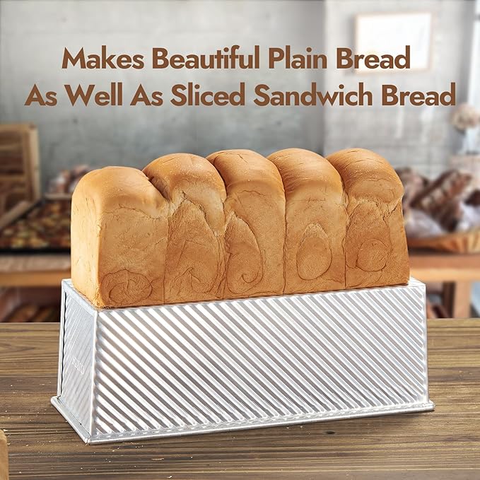 CURTA Commercial Pullman Loaf Pan with Lid 2.2 lb Dough Capacity Non-Stick Bakeware for Baking Bread Corrugated Bread Toast Box Mold Extra Large Loaf Pan Silver 2 pcs