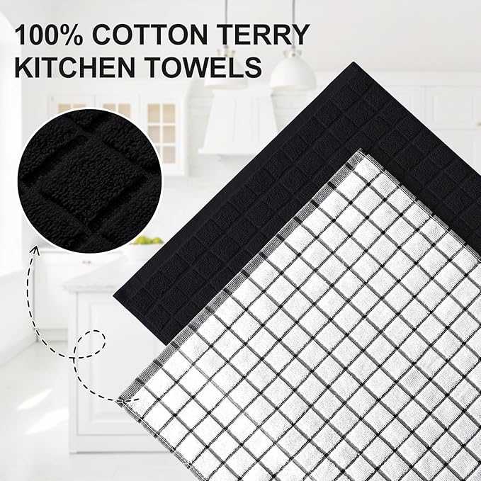 Homaxy Premium Cotton Kitchen Towels 16"x 28", Large Natural Ring Spun 390 GSM Dish Towels, Super Absorbent Terry Kitchen Hand Towels, Soft Tea Towel with Hanging Loop, Black Check Design, 6 Pack