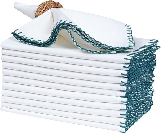 Bedding Craft Cotton Cloth Dinner Napkins Set of 12 –18x18 Funfare Multi-Color Fabric Napkins with Blanket Stitch Selvedge – Washable Wedding Napkins for Parties, Restaurants, Dining & Table Settings