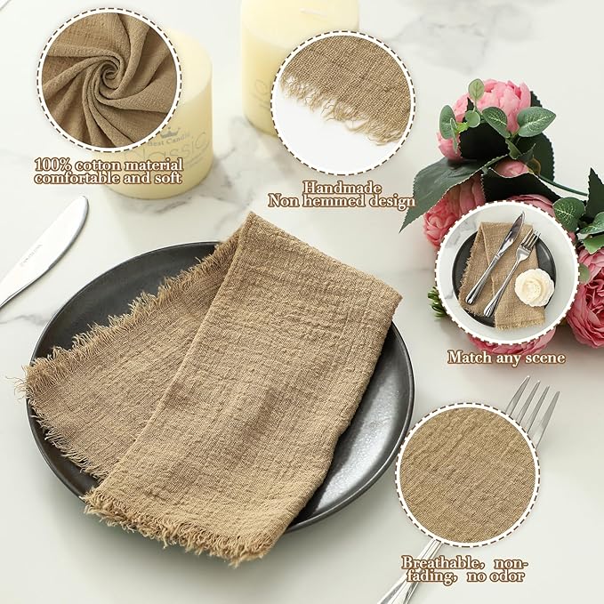 Linen Napkins Set of 12, Versatile 17x17 Inches Handmade Cotton Cloth Napkins, Dinner Table Cloth Napkins for Wedding, Christmas and Parties, Brown