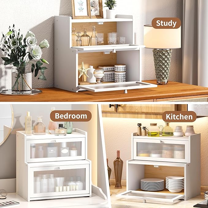 FILWH Bread Box for Kitchen Countertop Double Layer Large Corner Bread Box Capacity Bread Storage Bin Farmhouse Breadbox Container Organizer Cabinet Cupboard (White)