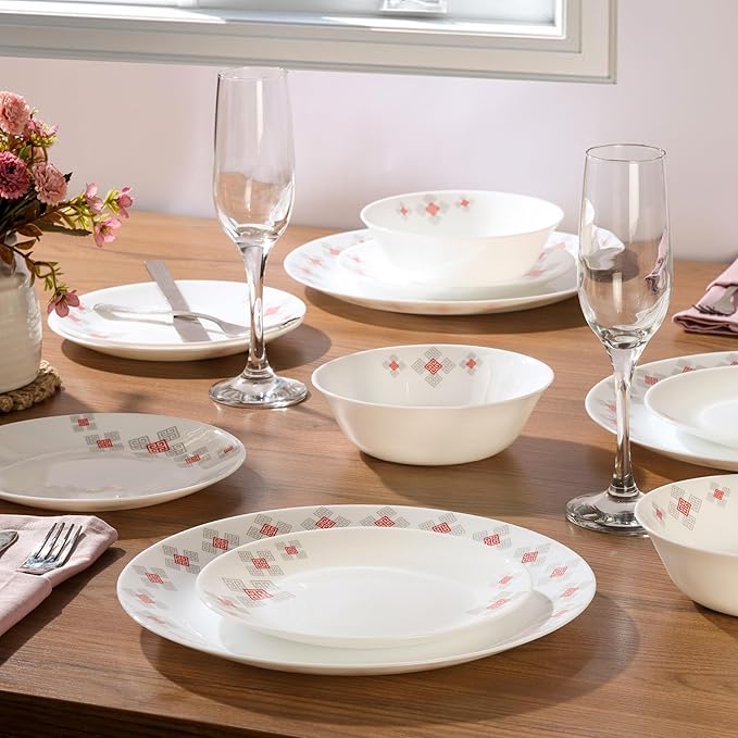 Cello Regal Dinnerware Set of 18 pieces, Service for 6, Chip & Scratch Resistant, Lightweight Round Plates and Bowls Set, Microwave & Dishwasher safe, Opalware Dinner Set, Block Buster