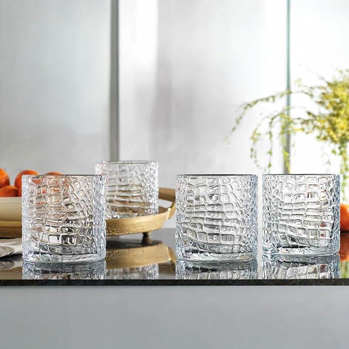 Glaver's DOF Set of 4 Clear 13oz Drinking Glasses Crackle Textured Design Double Old Fashioned Whiskey Glasses Home Everyday Bar Glassware