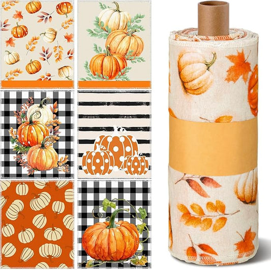 36 Pcs Fall Reusable Paper Towels Rolls Washable Bulk Autumn Pumpkin Black White Plaid Kitchen Towels Paperless Reusable Cloth Cotton Napkins with Cardboard for Kitchen Bathroom