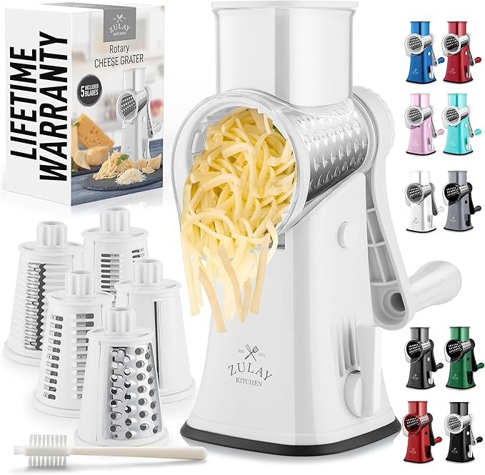 Zulay Kitchen Rotary Cheese Grater 5 Blade Cheese Shredder - Manual Hand Crank Cheese Grater With Reinforced Suction & 5 Interchangeable Drums - Easy to Use, Vegetable Chopper Round Mandoline Slicer