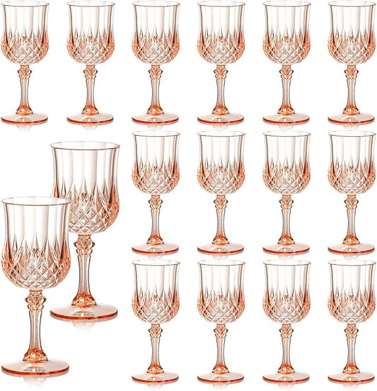 XUWAIDSGN 16 Pcs 7oz Plastic Vintage Wine Glasses Drinking Glasses Unbreakable Wedding Glassware Crystal Water Goblets Reusable Drinkware Vintage Champagne Flutes (16, Pink)