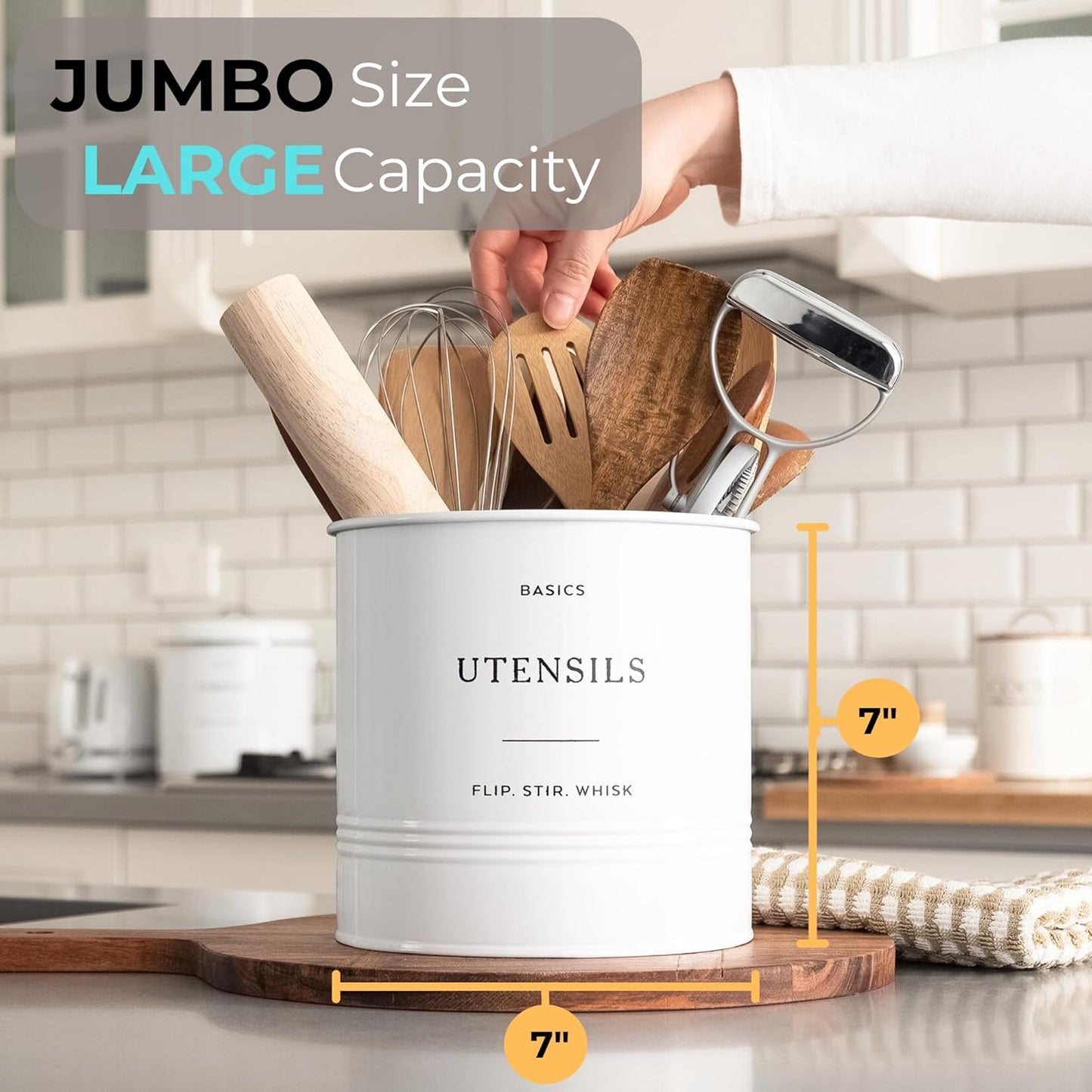 D'Lifeful Kitchen Utensil Holder for Countertop - 7" x 7" Large Utensil Holder for Kitchen Counter - Farmhouse Spatula & Cooking Tools Organizer - White Metal Crock for Modern Aesthetics