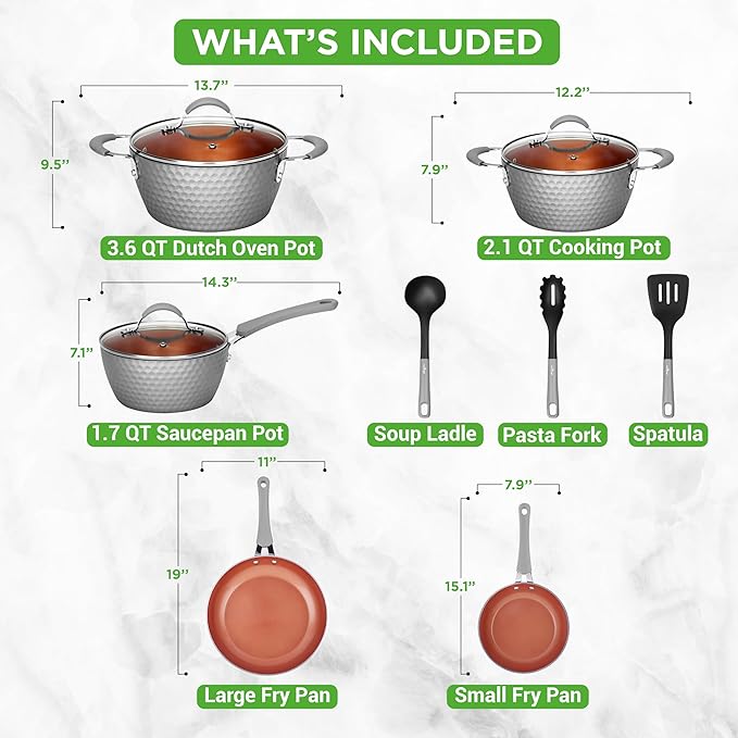 NutriChef 11 Pc Nonstick Cookware - PTFE/PFOA/PFOS Free Kitchenware Pots & Pans Set with Saucepan, Frying Pans, Cooking Pots, Lids, Utensils, Gray