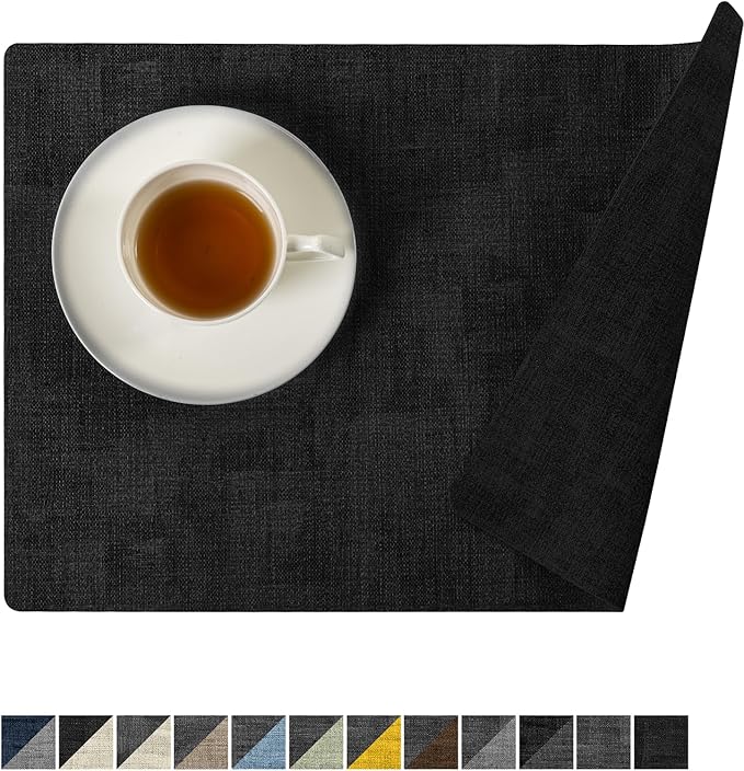 Romanstile Reversible Vinyl Placemats Set of 8, Faux Leather 100% Waterproof Oil-Proof Wipeable Place Mats, Heat Resistant Dual Sided Table Mats for Kitchen/Dining/Party (Black, 12 x 17 Inch)