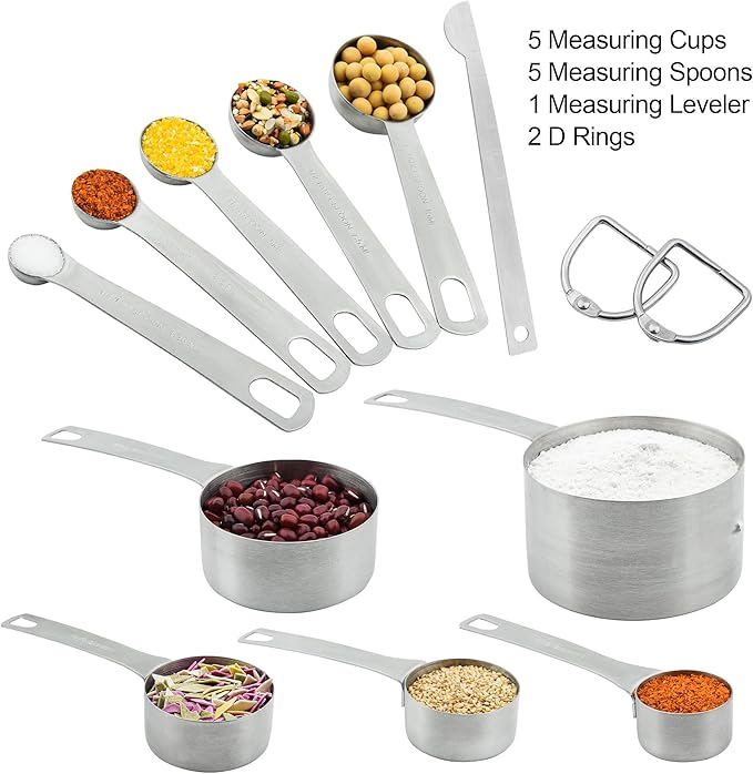 Stainless Steel Measuring Cups and Spoons Set of 11, 18/8 Metal Set with 1/8 Cup