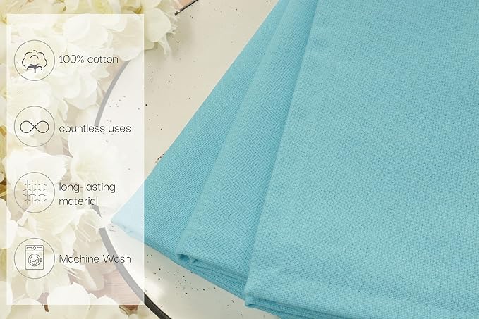 PurpleEssences Set of 12 Cloth Dinner Napkins 100% Cotton 18x18 Inch - Soft Durable Washable - Ideal for Farmhouse Party Fall Thanksgiving - Perfect Everyday Use Table Linen - Aqua Blue