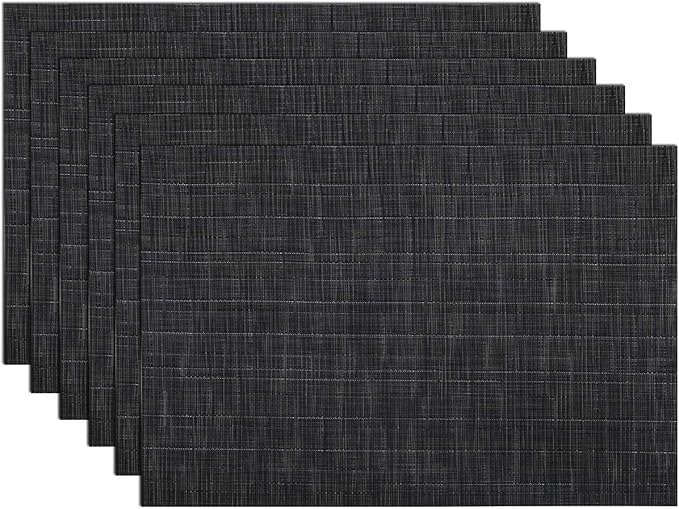 SHACOS Placemats Set of 6 Woven Vinyl Place Mats for Dining Table Wipe Clean Stain Resistant Table Mats Indoor Outdoor (6, Black)