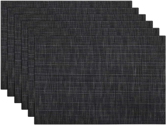 SHACOS Placemats Set of 6 Woven Vinyl Place Mats for Dining Table Wipe Clean Stain Resistant Table Mats Indoor Outdoor (6, Black)