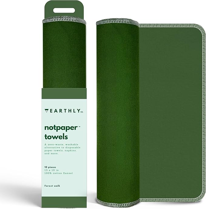 Reusable Paper Towels - 10 Pack - Roll of Washable Cotton Cloth Paper Towels - Paperless Reusable Napkins Cloth Washable - Absorbent + Long Lasting - Zero Waste Products - (Green)