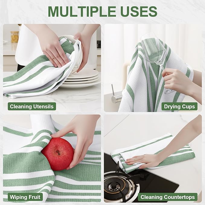 Homaxy Premium Kitchen Towels 18”x 28”, Large Cotton 380 GSM Kitchen Hand Towels, Stripe and Terry Dish Towel, Highly Absorbent Tea Towel Set with Hanging Loop, 6 Pack, Grass Green