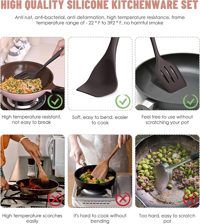 Kitchen Utensils Set-12 Pieces Silicone Cooking Utensils Set (Dishwasher Safe) 392°F Heat Resistant Spatula Set, Nonstick Cookware