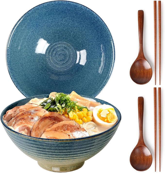 NUTRIUPS 8 Inch Ceramic Ramen Bowl Set of 2 Pho Bowls 40oz Japanese Noodle Udon Soup Bowls with Spoons and Chopsticks (Ice Crack Blue)