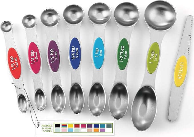 Spring Chef Stainless Steel Magnetic Measuring Spoons Set with Strong Magnets, Heavy Duty Metal Kitchen Essentials - Fits in Most Kitchen Spice Jars, Multicolor, Set of 8 with Leveler