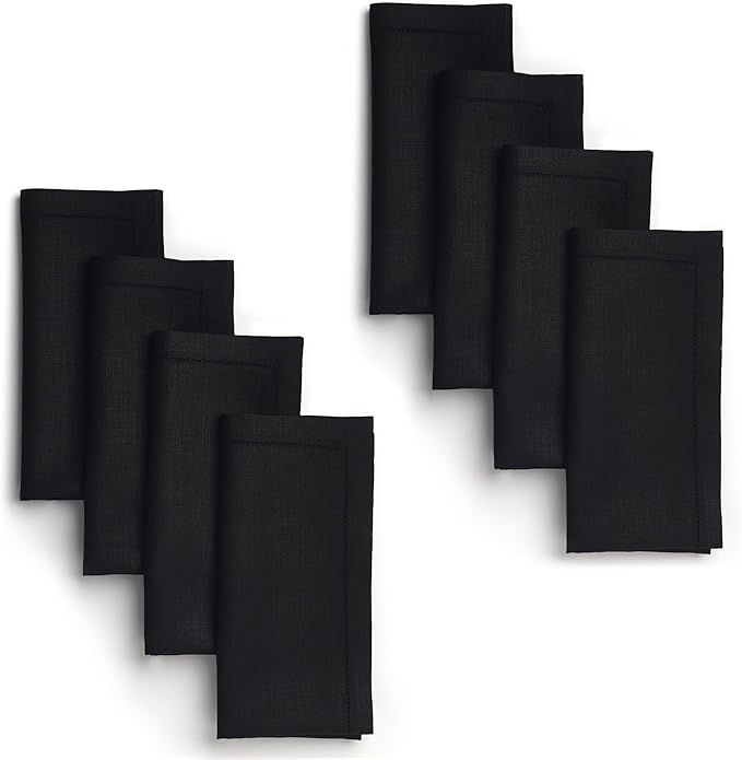 D'Moksha Homes Black Linen Napkins Set of 8 - Classic Hemstitch 100% Pure Linen Hemstitch Dinner Napkins 20 x 20 Inch for Fall, Thanksgiving, Holiday - Handcrafted and Machine Washable