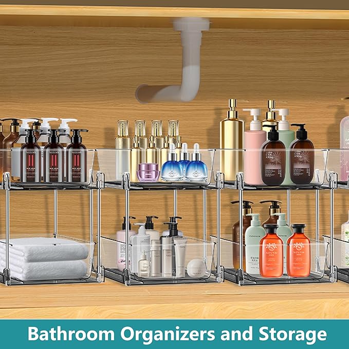 Clear Under Sink Organizers, Pull Out Cabinet Organizer,2 Tier Bathroom Storage Organizer,Cabinet Drawers Organization Bins with Track for Kitchen,Pantry,Fridge,Vanity
