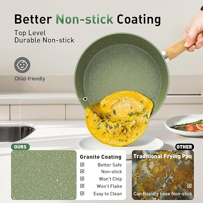 Kitchen Academy 17Pcs Sage Green Pots and Pans Set Non Stick, Induction Kitchen Cookware Sets, Nonstick Granite Cooking Pans Set with PFOA&PFOS Free