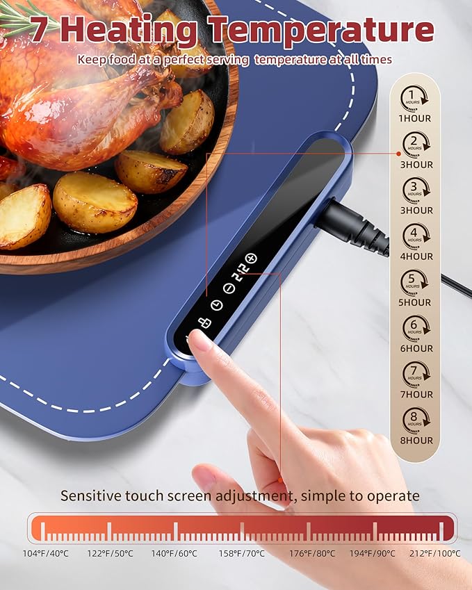 Warming Mat for Food, Upgraded Fast-Heating Electric Warming Tray with 7 Temp Levels & 8 Timers, Buffet Raised Feet & Rollable Silicone Heat Pad, Portable Food Warmer for Home, Party & Travel (Blue)