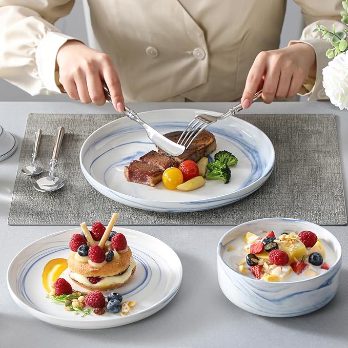 MALACASA Plates and Bowls Sets, 12 Pieces Porcelain Dinnerware Sets Dishware Sets Chip Resistant Ceramic Dish Set Dining Dinner Ware Service for 4, Marble Blue, Series LUNA